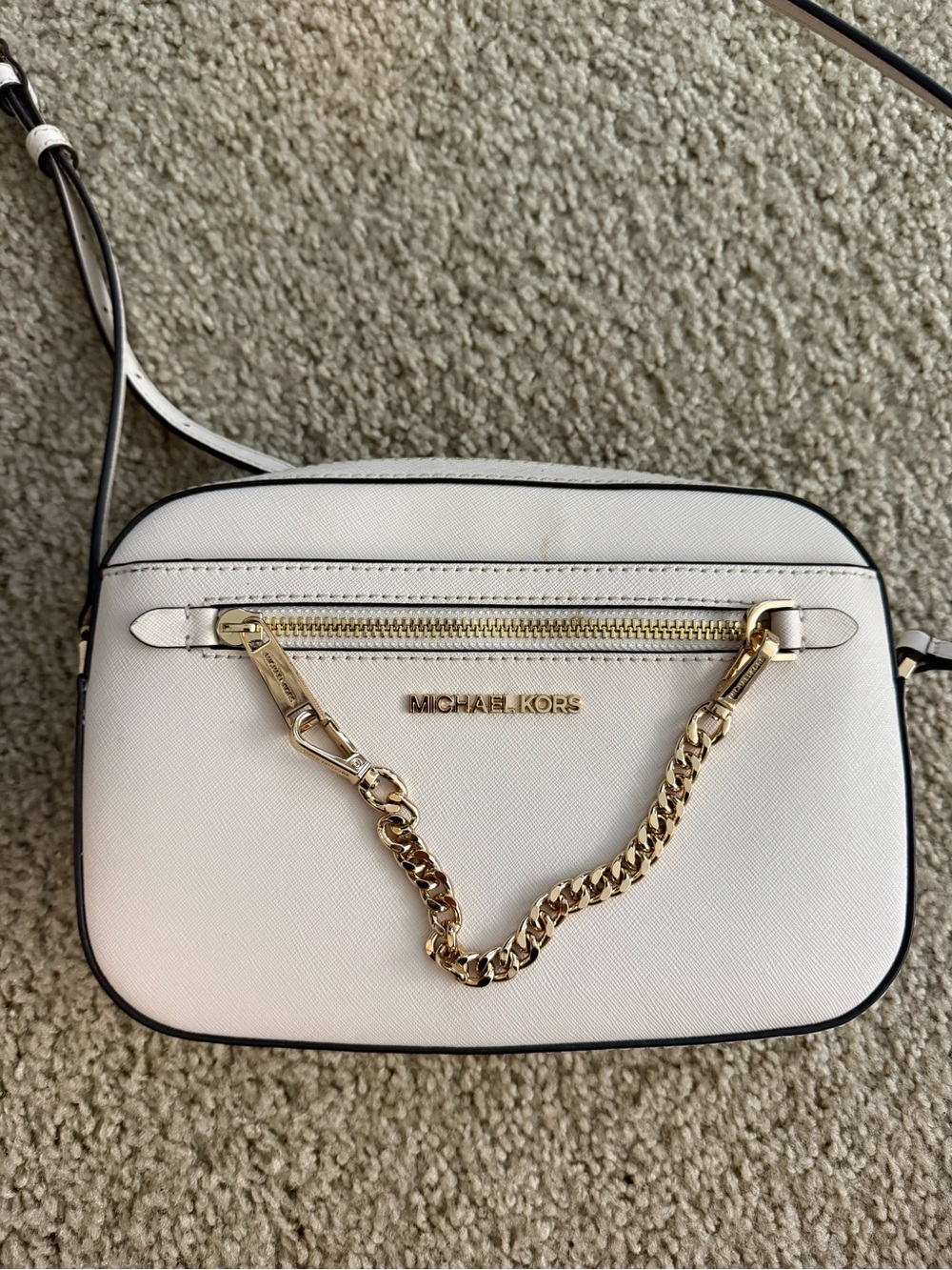 Michael Kors White Saffiano Leather Crossbody with Gold Chain Accent